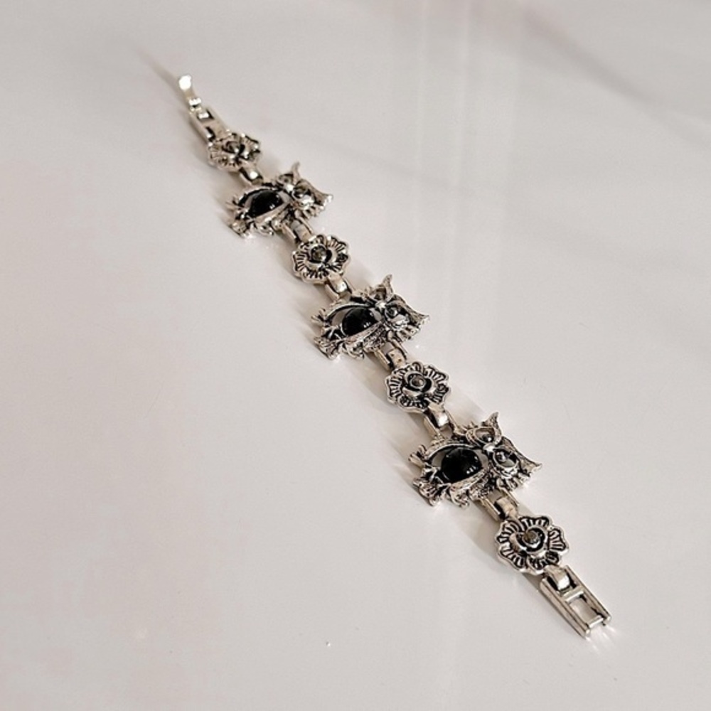 Stunning 925’ VTG Owl🦉Natural Onyx & Marcasite Artist-Made Link Bracelet Fetish